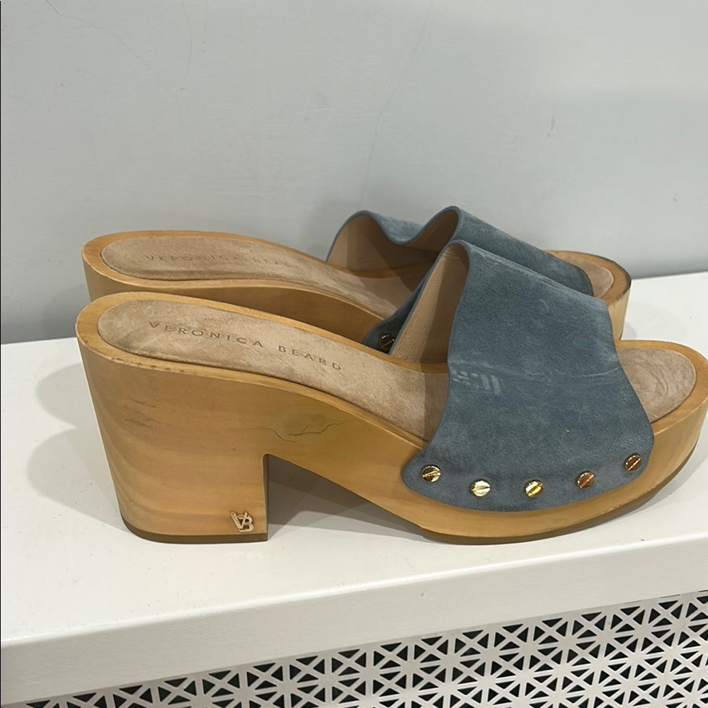 Veronica Beard Blue Suede Mules with Wooden Heel